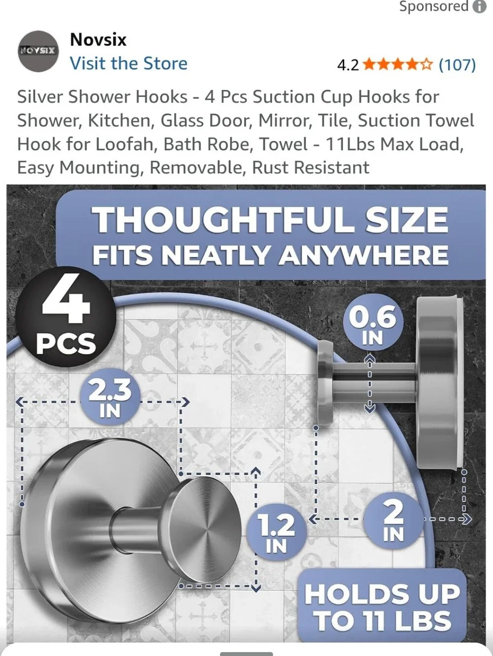 Silver Suction Cup Wall Hooks - 4 Pack